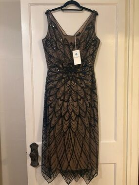 Elegant Black Beaded Overlay Cocktail Dress - Taupe Lining